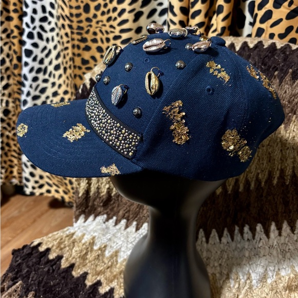 Navy Blue Embellished Cap with Gold Accents - Picture 3 of 5